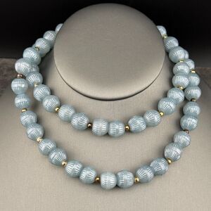 Vintage Light Blue Round Scalloped Glass Beads Necklace 28" *Read